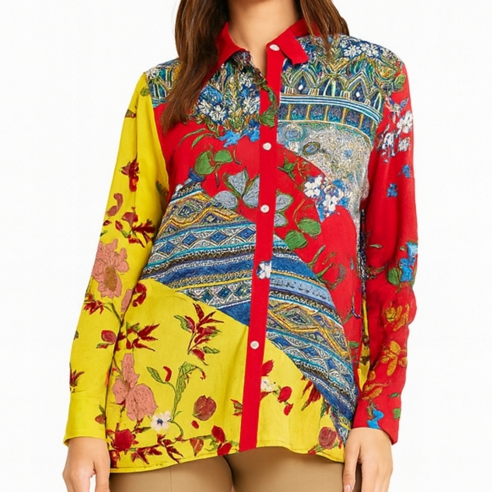 Calessa Boho Vibrant Floral Paisley ButtonDown Hi-lo Tunic Side Pockets XL Art